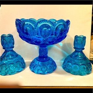 Blue Moon and Stars Glass Compote and pair of Candlestick Holders